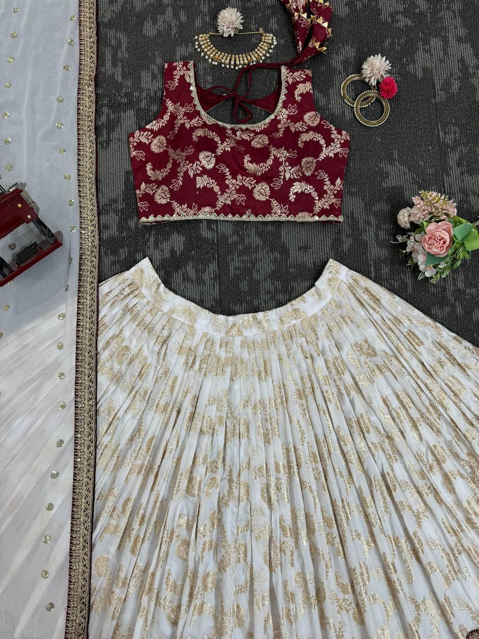 White & Maroon Glamorous Jequrd Semi-Stitched Lehenga Set with Sequins & Coding Work