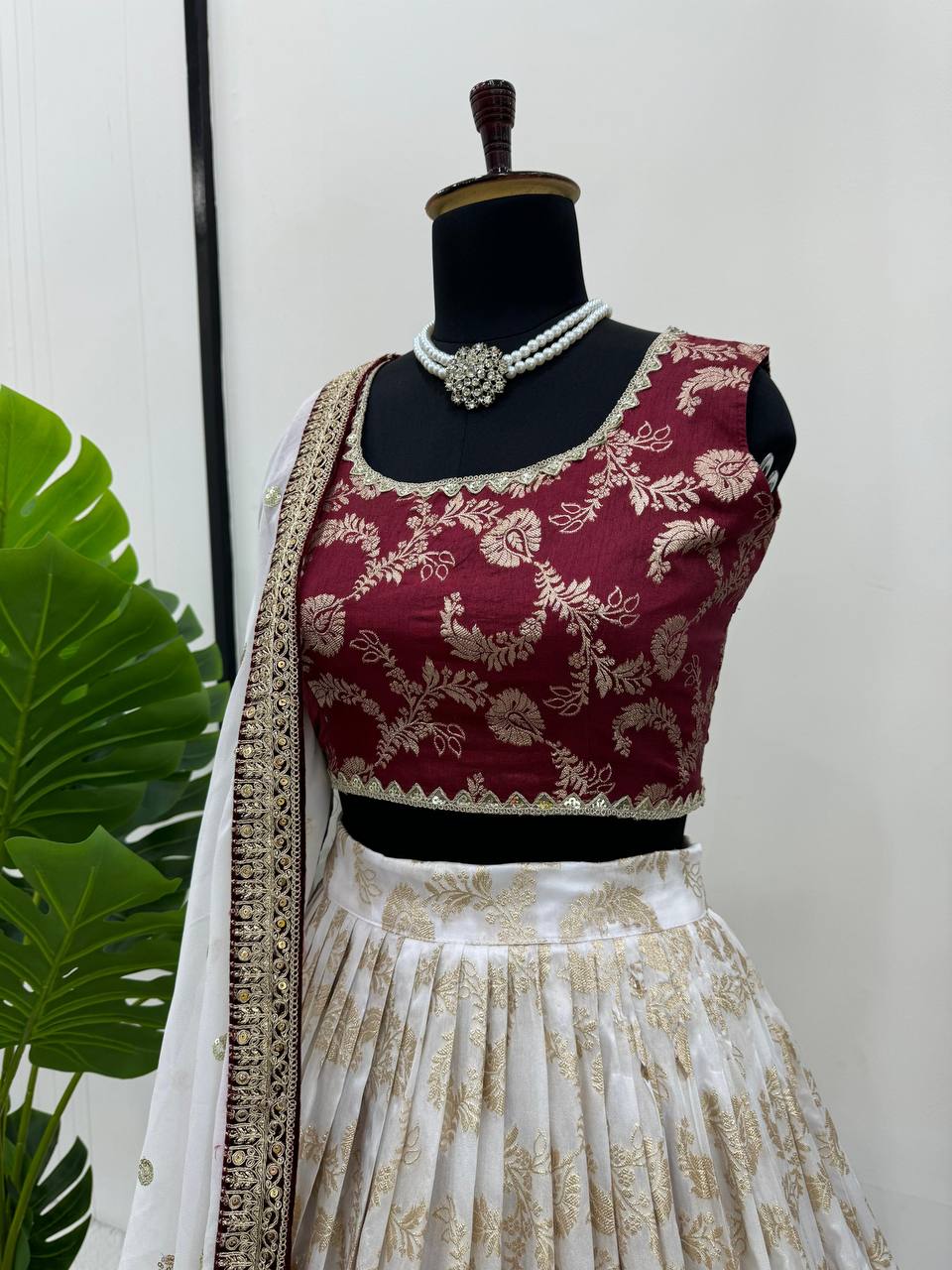 White & Maroon Glamorous Jequrd Semi-Stitched Lehenga Set with Sequins & Coding Work