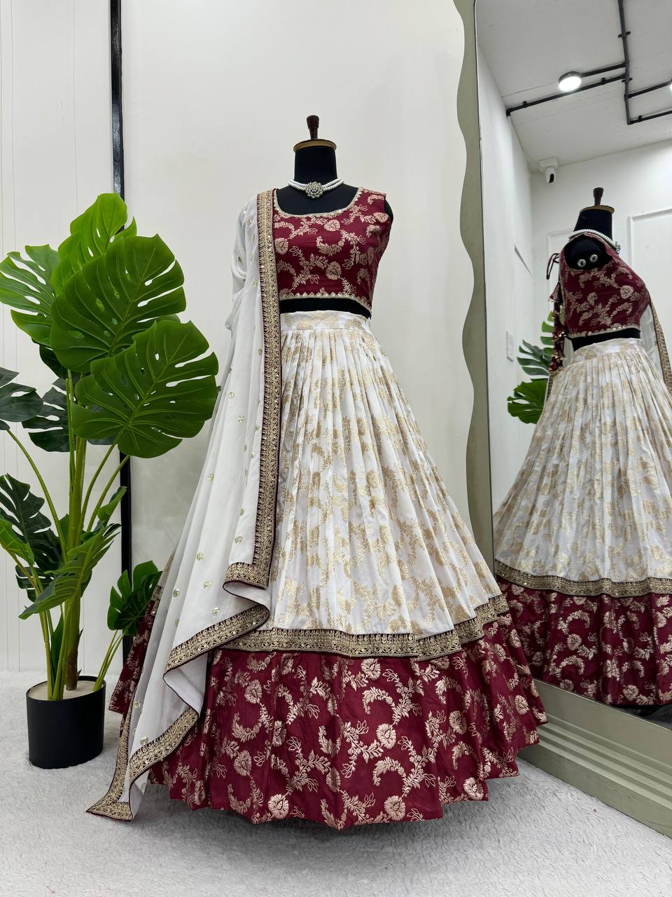 White & Maroon Glamorous Jequrd Semi-Stitched Lehenga Set with Sequins & Coding Work