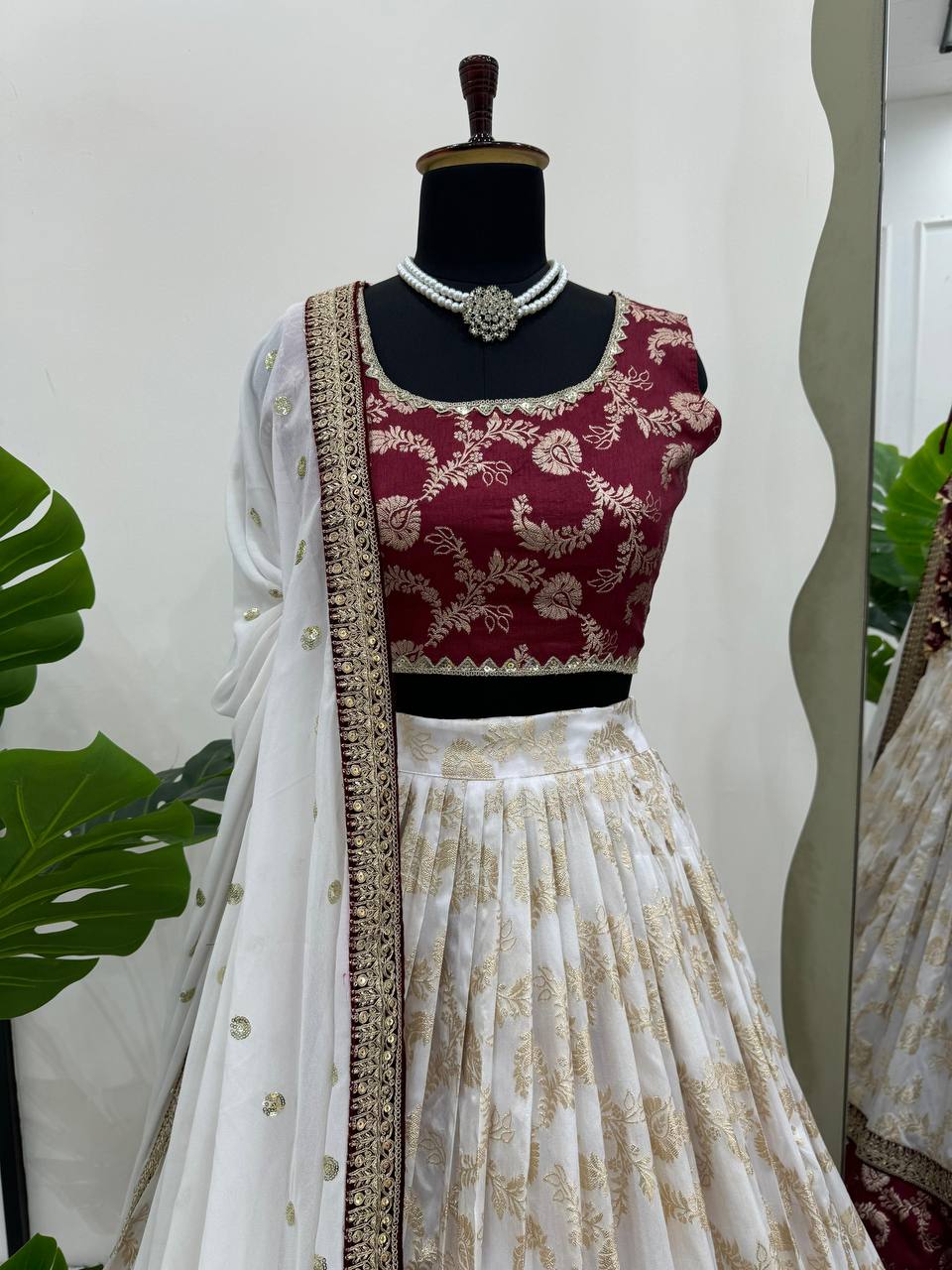 White & Maroon Glamorous Jequrd Semi-Stitched Lehenga Set with Sequins & Coding Work