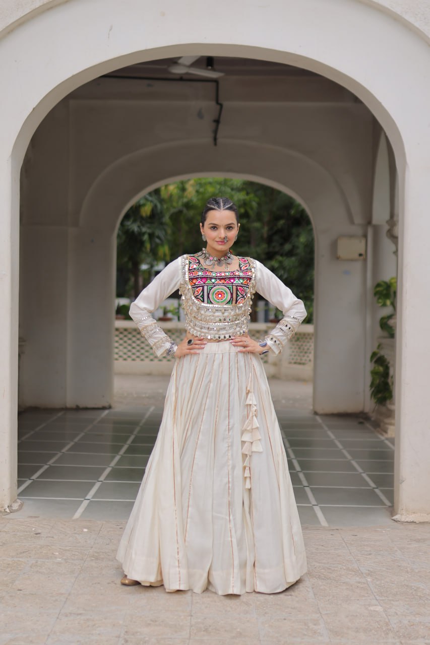 White Navratri Special Roman Fabric Lehenga Choli with Kutchi Gamthi & Mirror Work