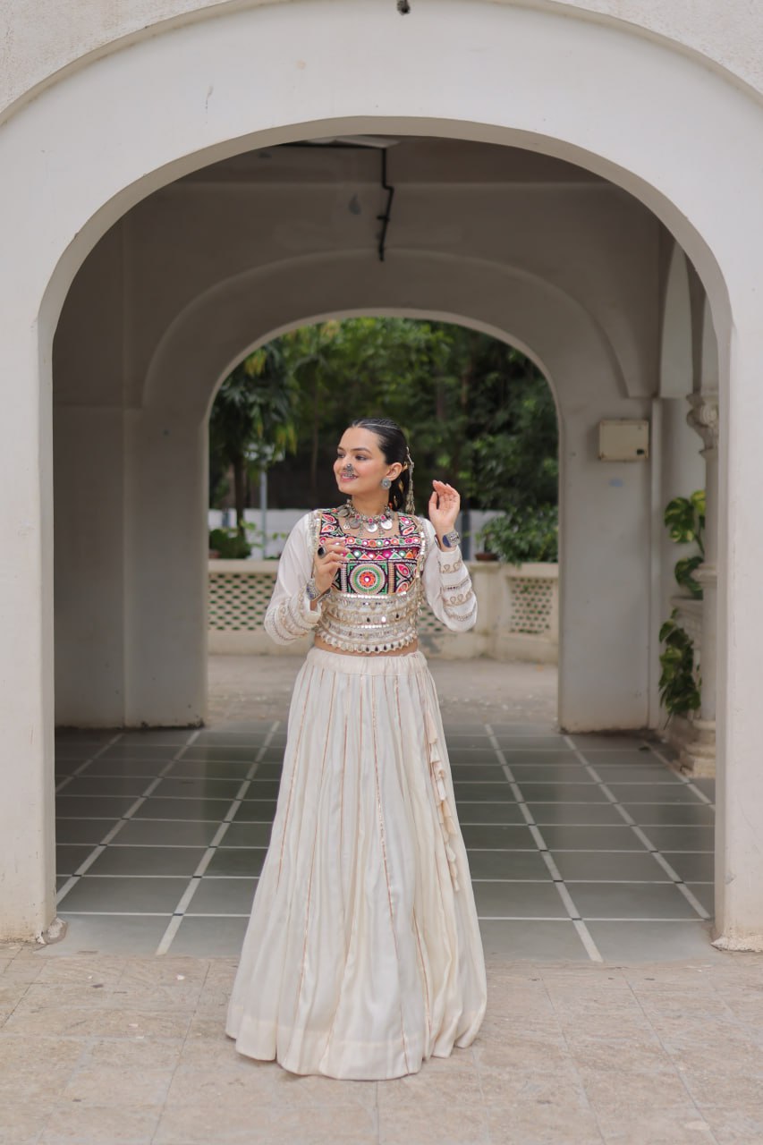 White Navratri Special Roman Fabric Lehenga Choli with Kutchi Gamthi & Mirror Work