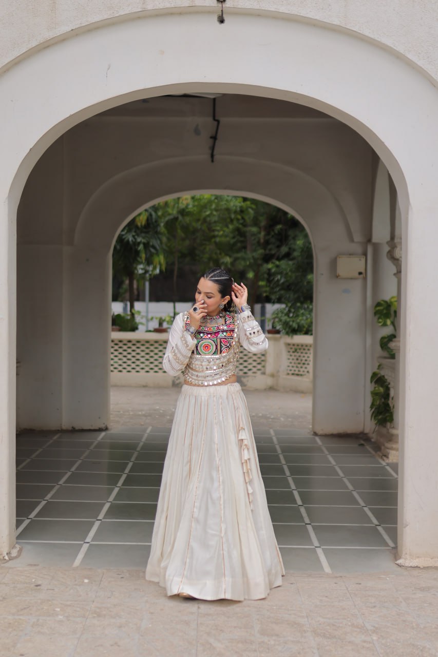 White Navratri Special Roman Fabric Lehenga Choli with Kutchi Gamthi & Mirror Work