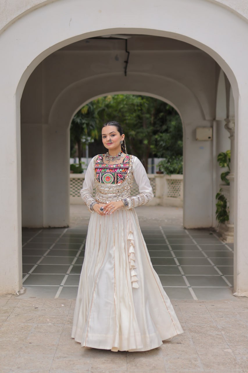 White Navratri Special Roman Fabric Lehenga Choli with Kutchi Gamthi & Mirror Work