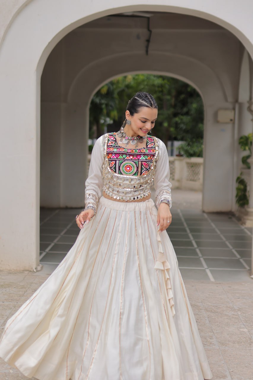White Navratri Special Roman Fabric Lehenga Choli with Kutchi Gamthi & Mirror Work