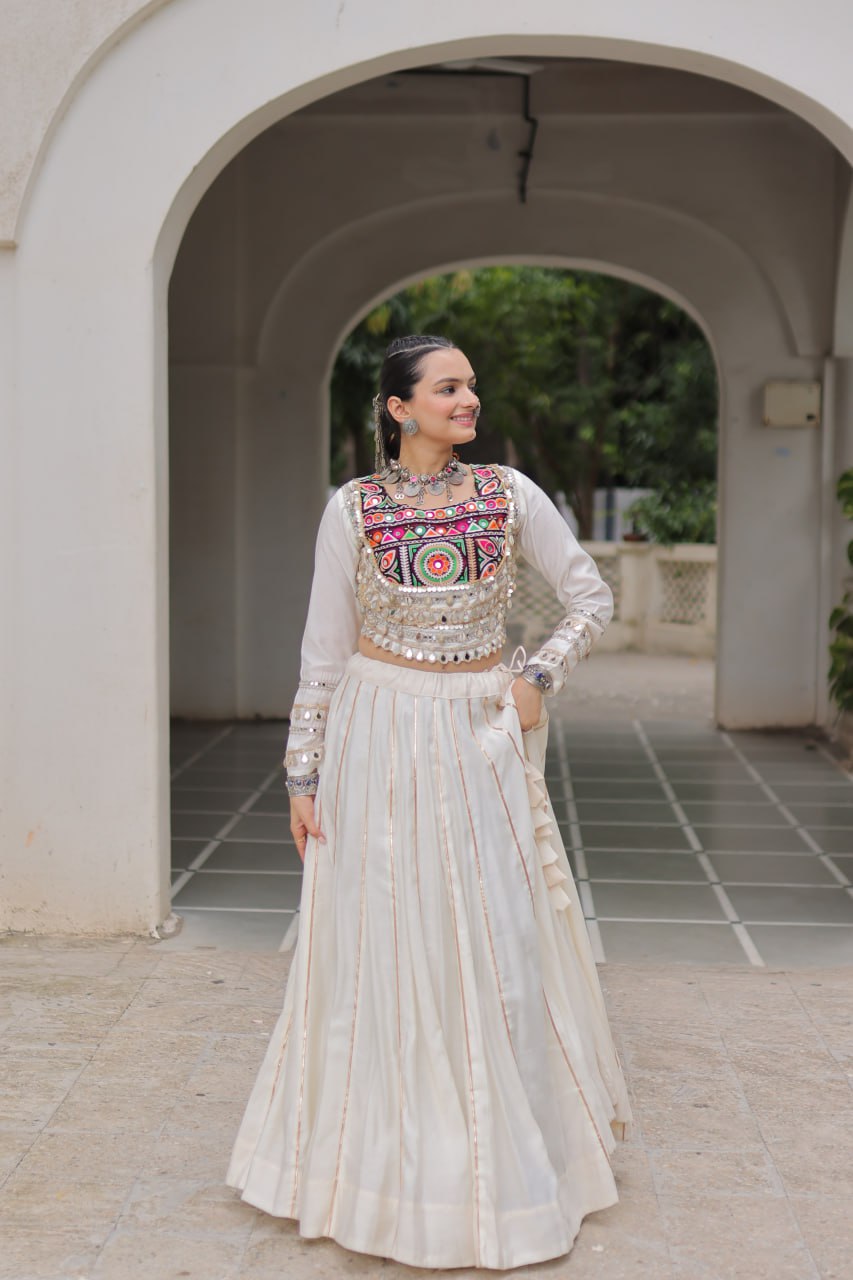 White Navratri Special Roman Fabric Lehenga Choli with Kutchi Gamthi & Mirror Work