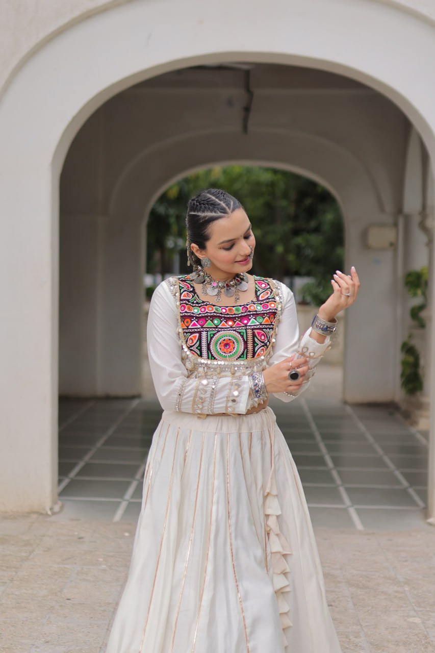 White Navratri Special Roman Fabric Lehenga Choli with Kutchi Gamthi & Mirror Work