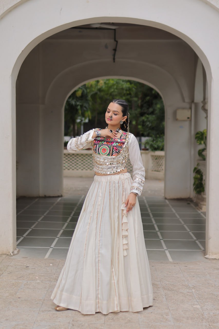 White Navratri Special Roman Fabric Lehenga Choli with Kutchi Gamthi & Mirror Work