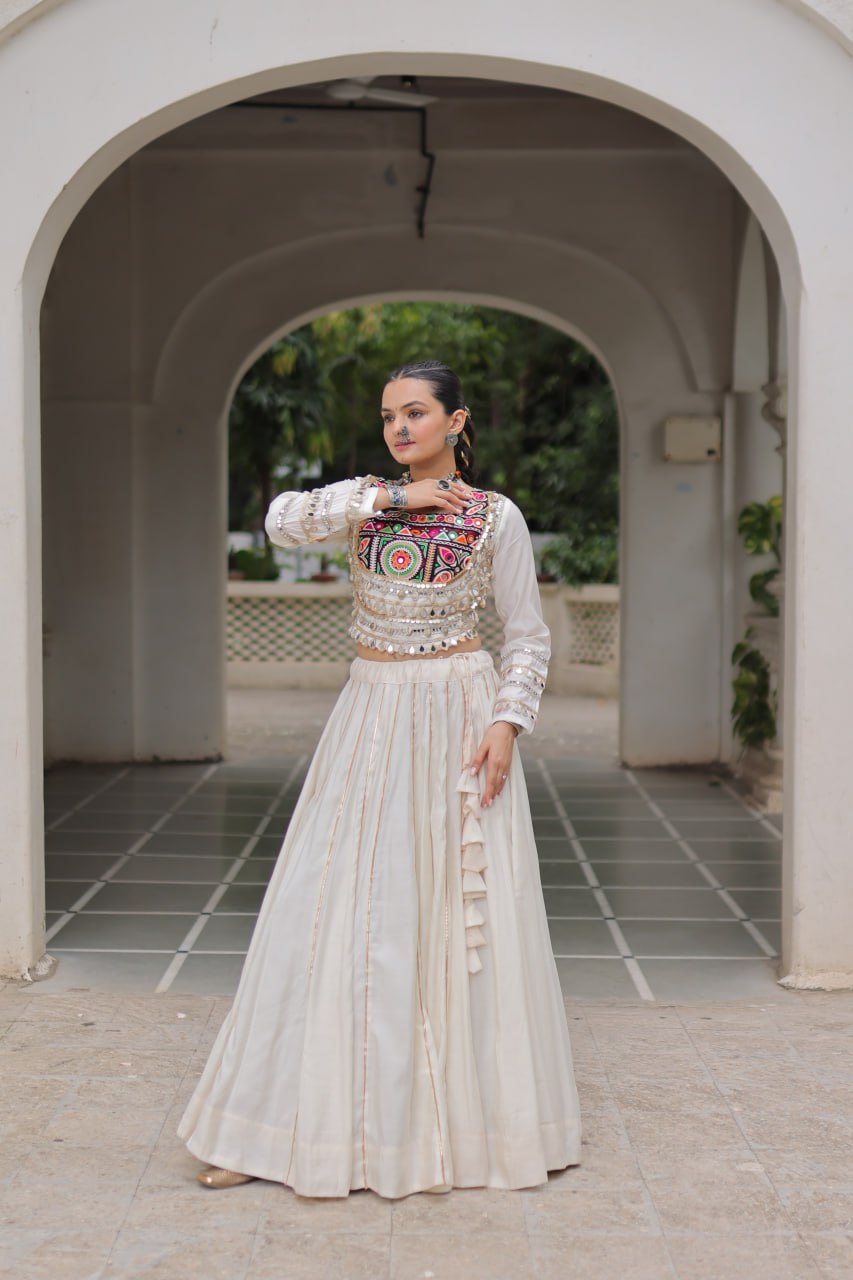White Navratri Special Roman Fabric Lehenga Choli with Kutchi Gamthi & Mirror Work