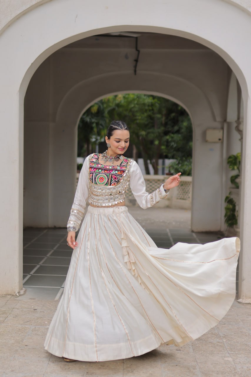 White Navratri Special Roman Fabric Lehenga Choli with Kutchi Gamthi & Mirror Work