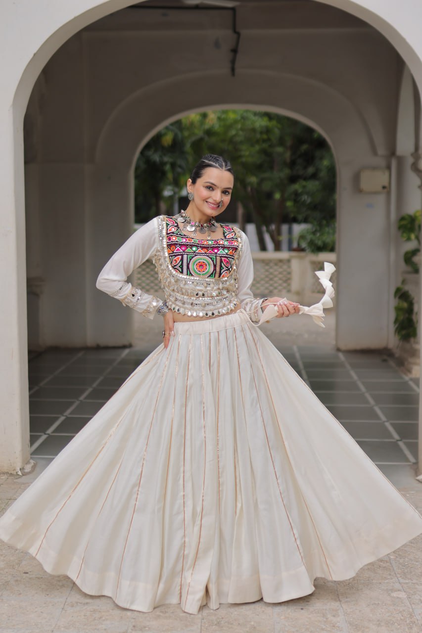 White Navratri Special Roman Fabric Lehenga Choli with Kutchi Gamthi & Mirror Work