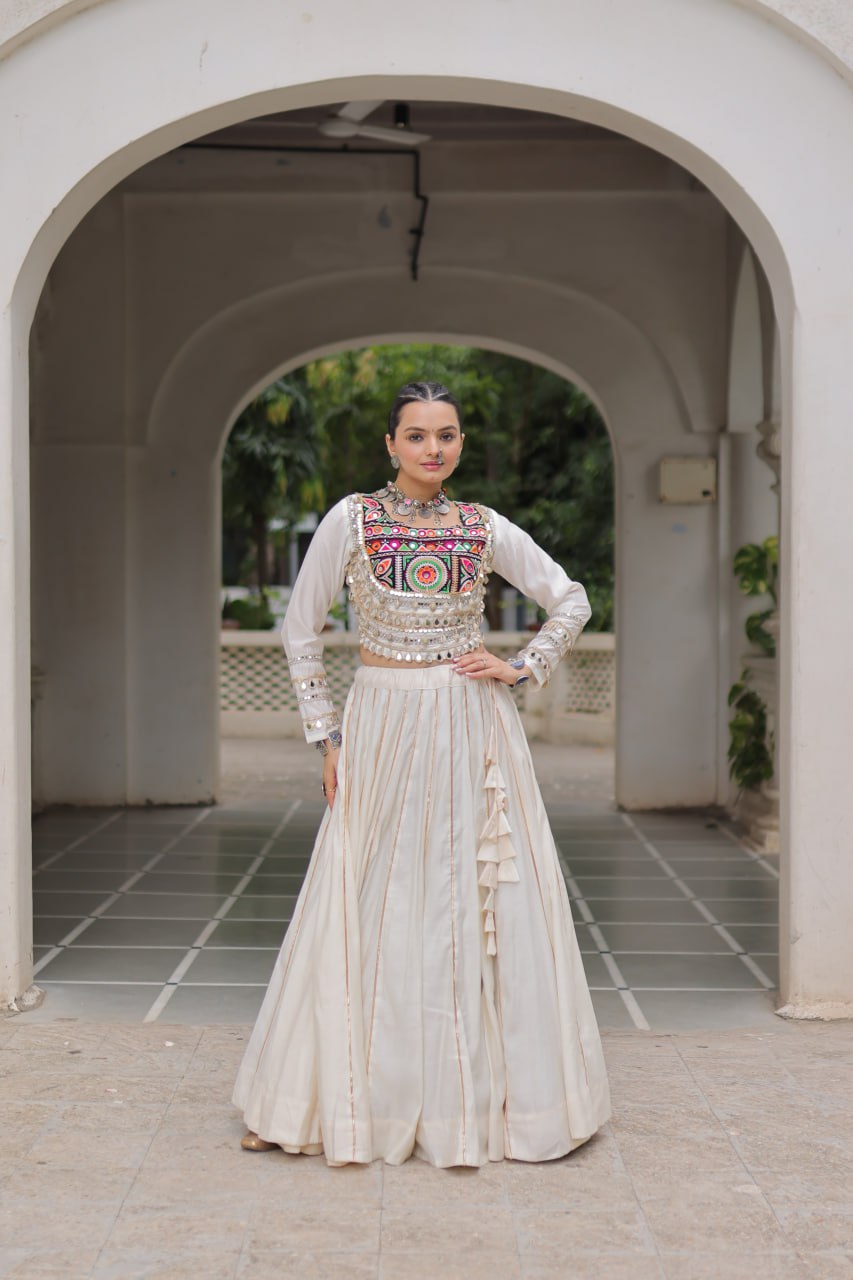 White Navratri Special Roman Fabric Lehenga Choli with Kutchi Gamthi & Mirror Work