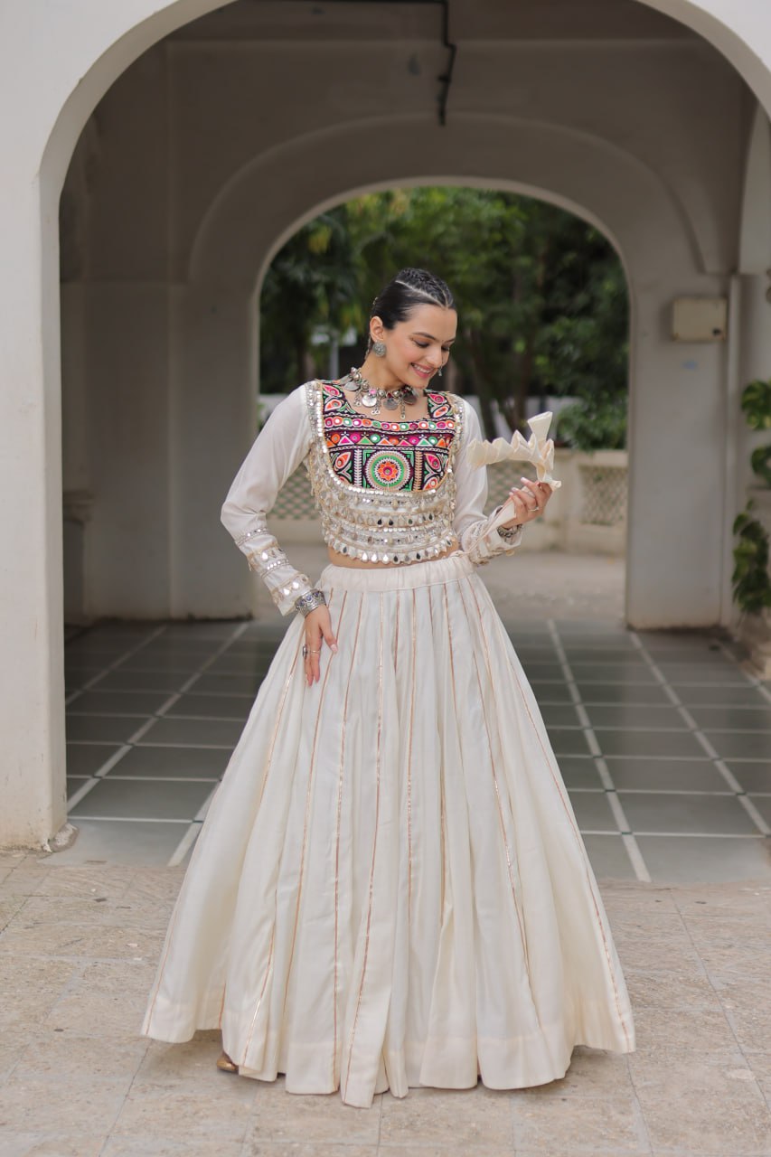 White Navratri Special Roman Fabric Lehenga Choli with Kutchi Gamthi & Mirror Work