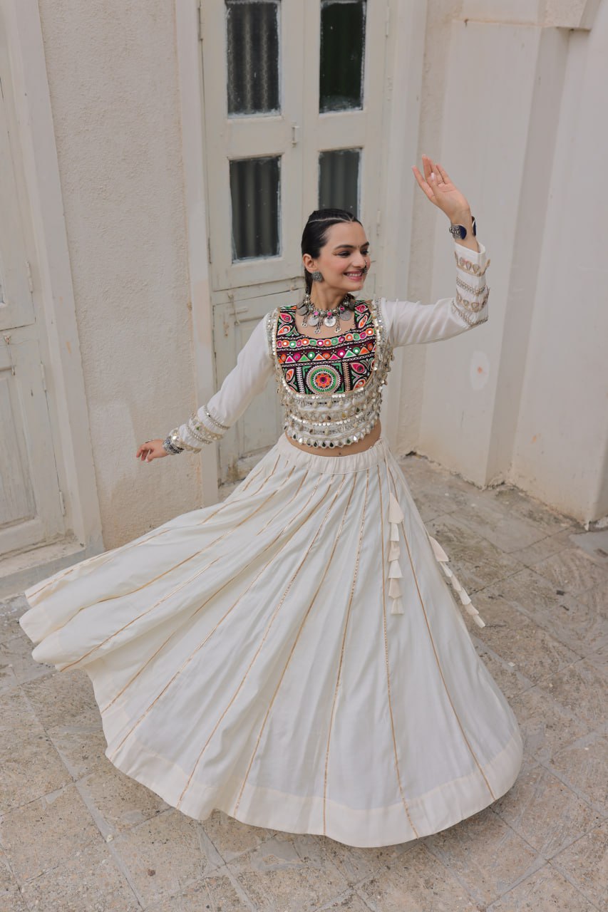 White Navratri Special Roman Fabric Lehenga Choli with Kutchi Gamthi & Mirror Work