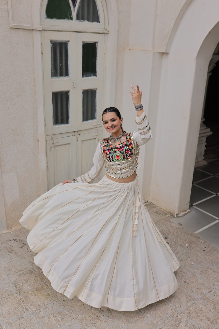 White Navratri Special Roman Fabric Lehenga Choli with Kutchi Gamthi & Mirror Work