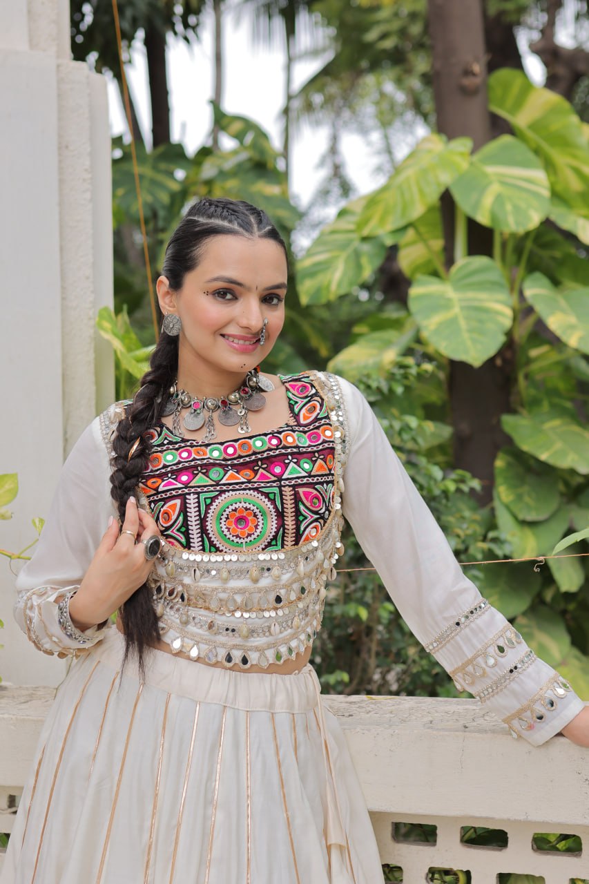 White Navratri Special Roman Fabric Lehenga Choli with Kutchi Gamthi & Mirror Work