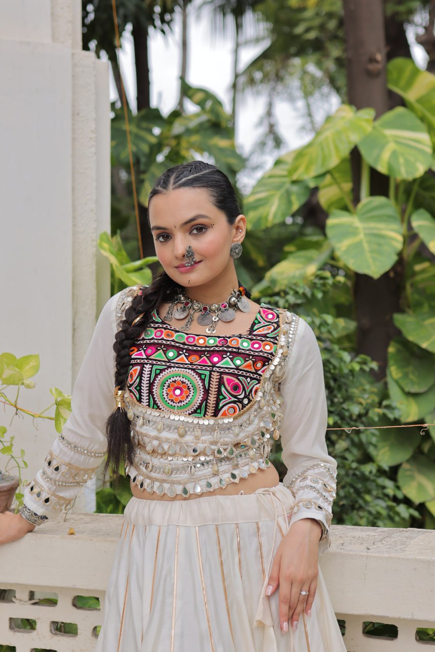 White Navratri Special Roman Fabric Lehenga Choli with Kutchi Gamthi & Mirror Work