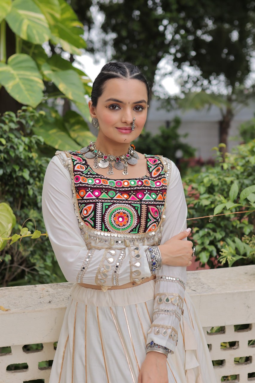 White Navratri Special Roman Fabric Lehenga Choli with Kutchi Gamthi & Mirror Work