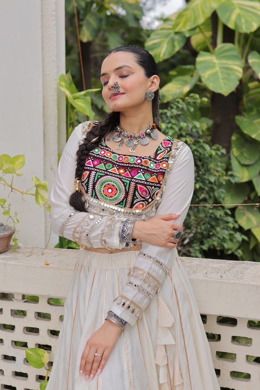 White Navratri Special Roman Fabric Lehenga Choli with Kutchi Gamthi & Mirror Work