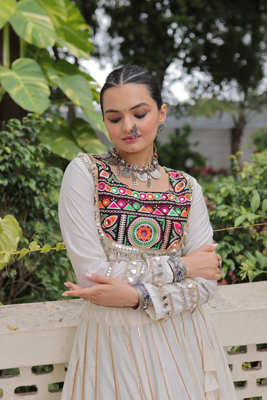 White Navratri Special Roman Fabric Lehenga Choli with Kutchi Gamthi & Mirror Work