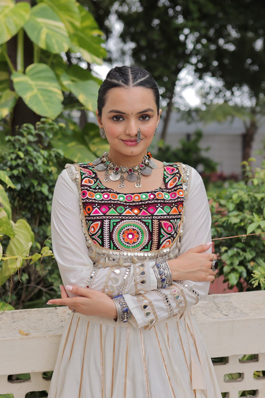 White Navratri Special Roman Fabric Lehenga Choli with Kutchi Gamthi & Mirror Work