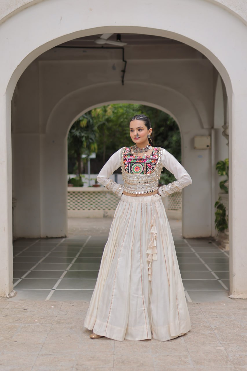 White Navratri Special Roman Fabric Lehenga Choli with Kutchi Gamthi & Mirror Work