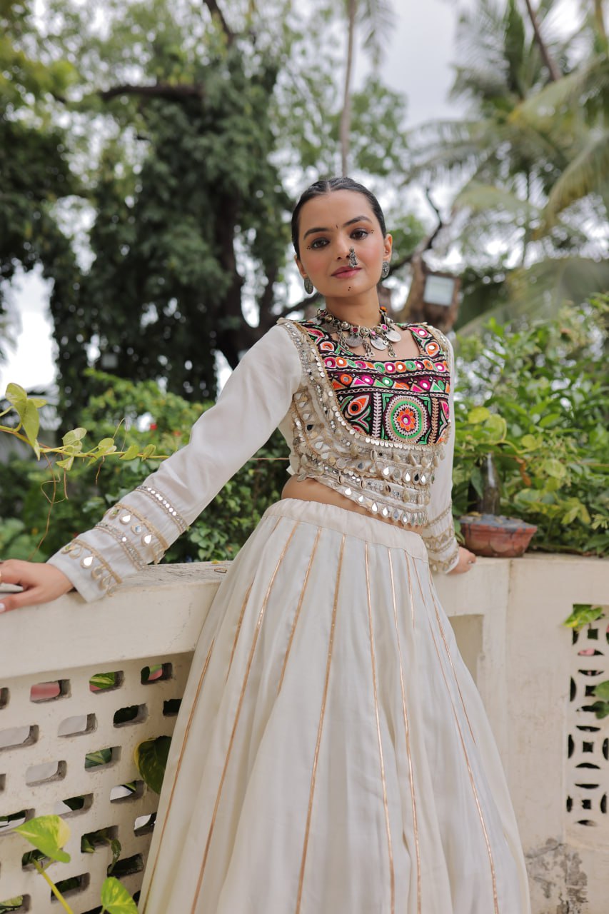 White Navratri Special Roman Fabric Lehenga Choli with Kutchi Gamthi & Mirror Work
