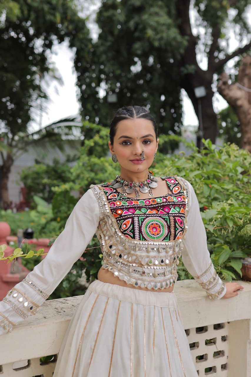 White Navratri Special Roman Fabric Lehenga Choli with Kutchi Gamthi & Mirror Work