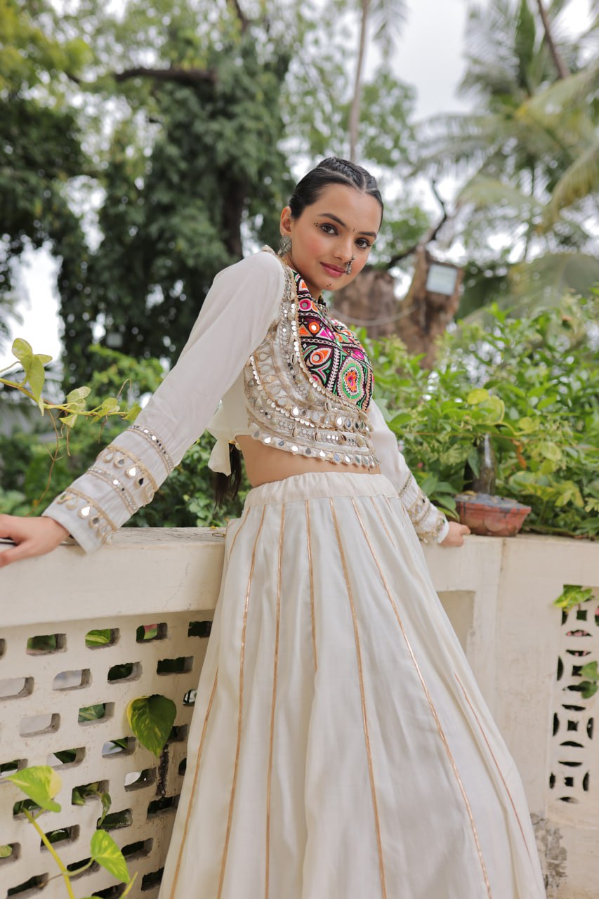 White Navratri Special Roman Fabric Lehenga Choli with Kutchi Gamthi & Mirror Work