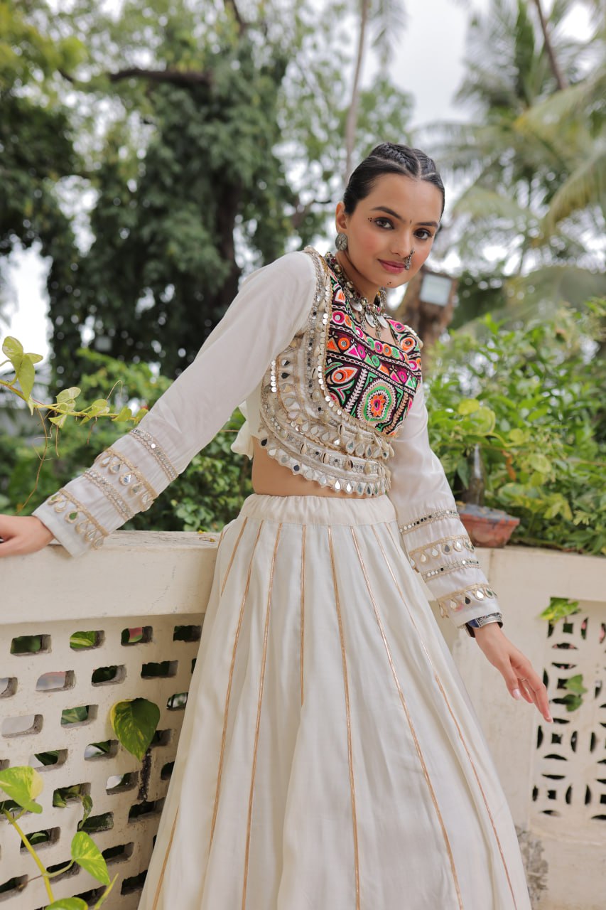 White Navratri Special Roman Fabric Lehenga Choli with Kutchi Gamthi & Mirror Work
