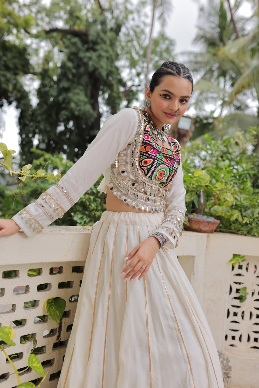 White Navratri Special Roman Fabric Lehenga Choli with Kutchi Gamthi & Mirror Work
