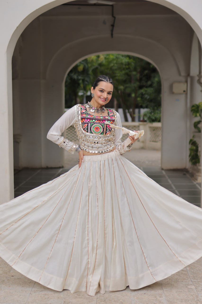 White Navratri Special Roman Fabric Lehenga Choli with Kutchi Gamthi & Mirror Work