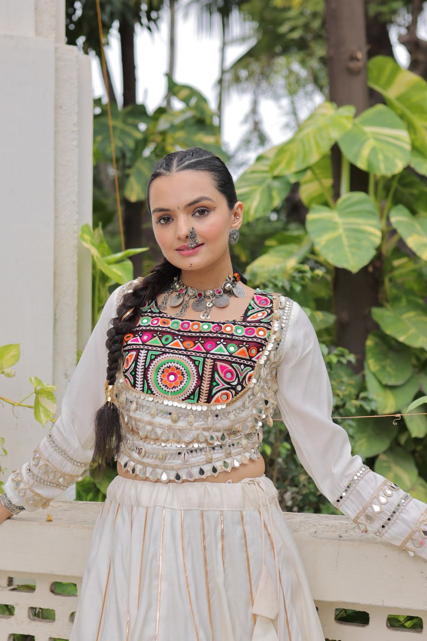 White Navratri Special Roman Fabric Lehenga Choli with Kutchi Gamthi & Mirror Work
