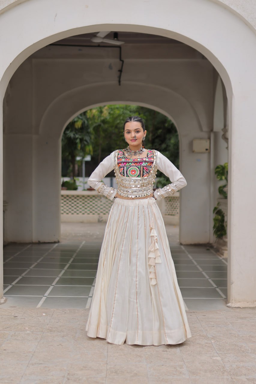 White Navratri Special Roman Fabric Lehenga Choli with Kutchi Gamthi & Mirror Work