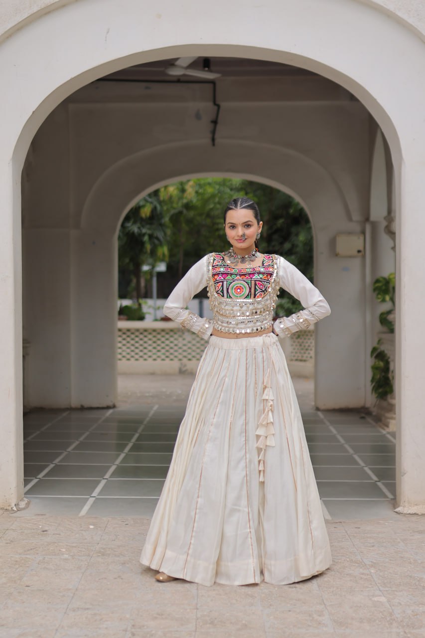 White Navratri Special Roman Fabric Lehenga Choli with Kutchi Gamthi & Mirror Work