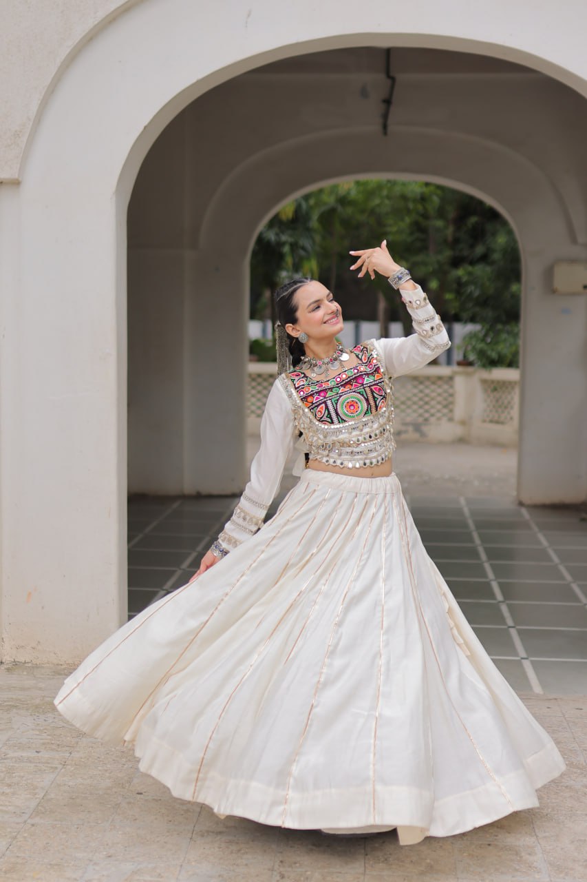 White Navratri Special Roman Fabric Lehenga Choli with Kutchi Gamthi & Mirror Work