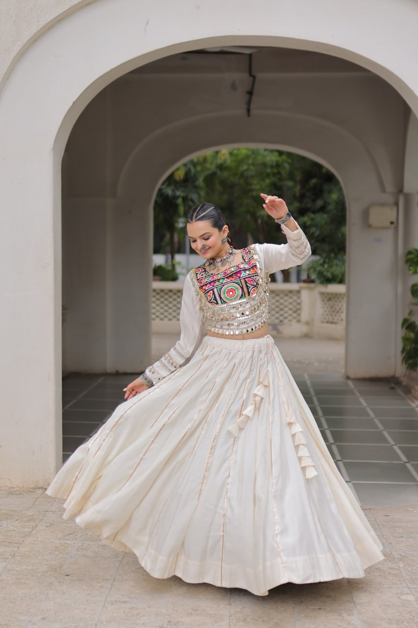 White Navratri Special Roman Fabric Lehenga Choli with Kutchi Gamthi & Mirror Work