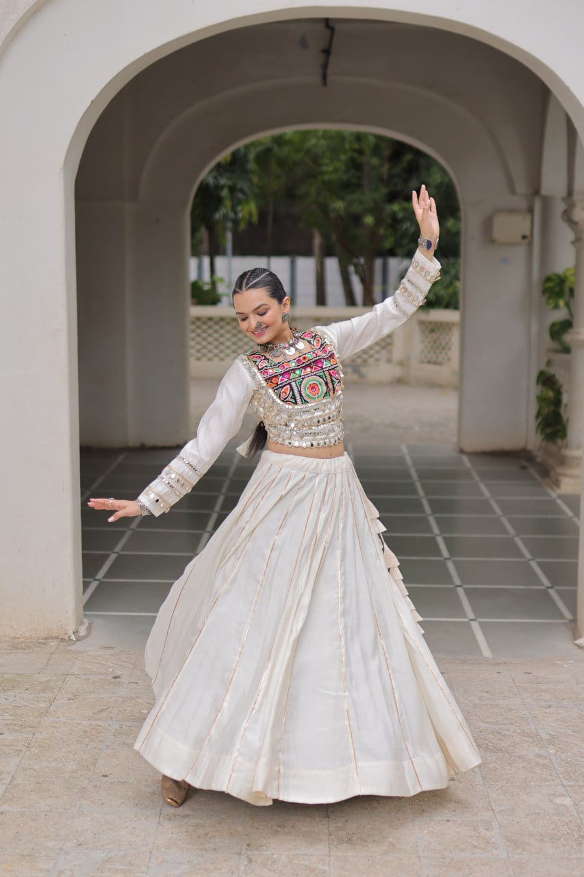 White Navratri Special Roman Fabric Lehenga Choli with Kutchi Gamthi & Mirror Work