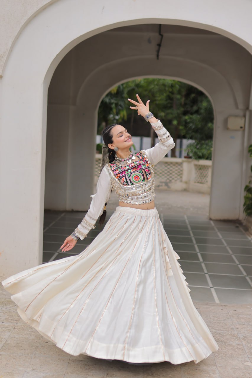 White Navratri Special Roman Fabric Lehenga Choli with Kutchi Gamthi & Mirror Work
