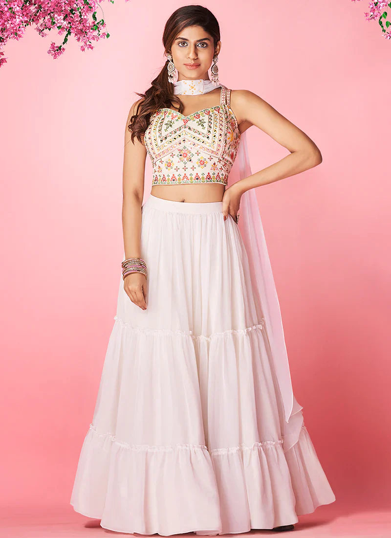 White Pakistani Georgette Lehenga Choli For Indian Festival & Weddings - Thread Embroidery Work,