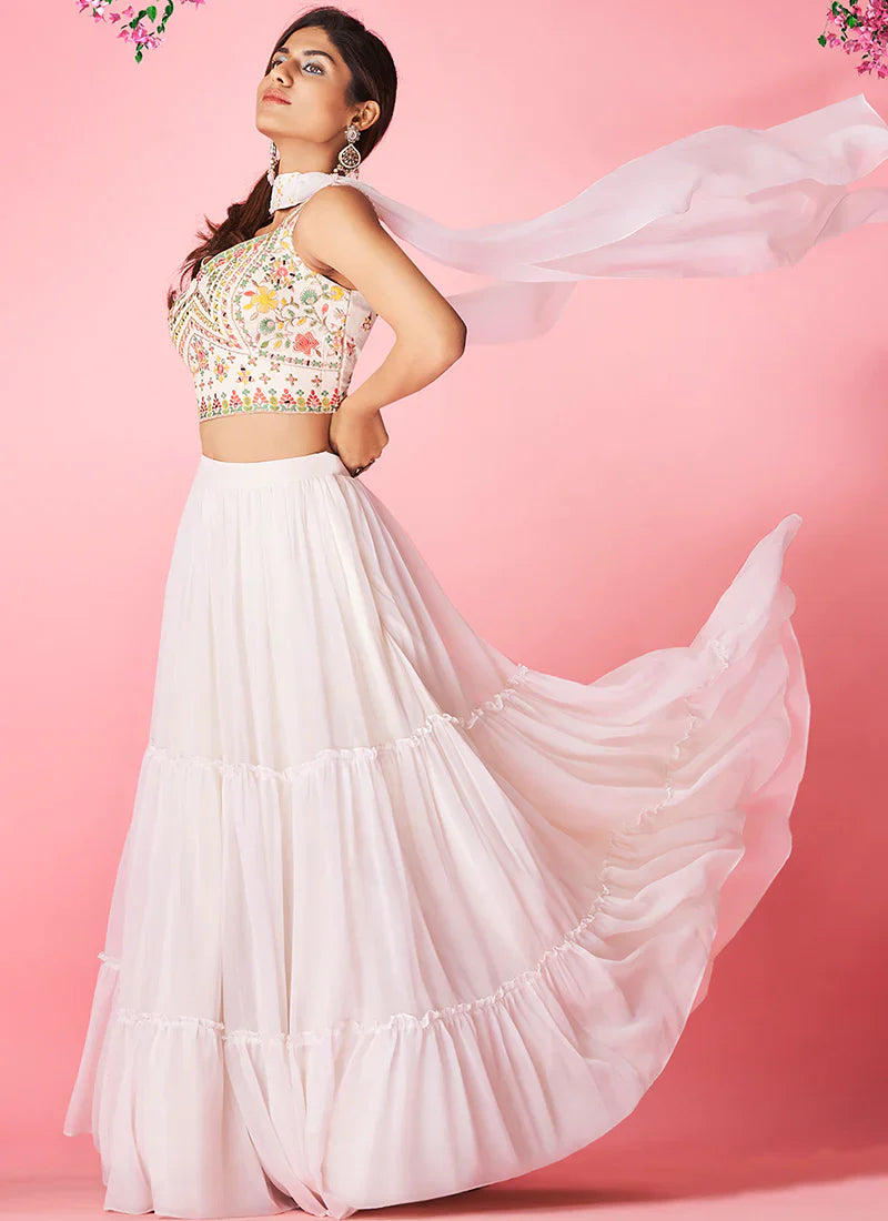 White Pakistani Georgette Lehenga Choli For Indian Festival & Weddings - Thread Embroidery Work,