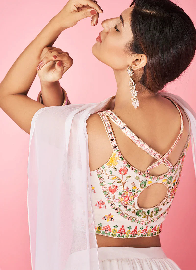 White Pakistani Georgette Lehenga Choli For Indian Festival & Weddings - Thread Embroidery Work,