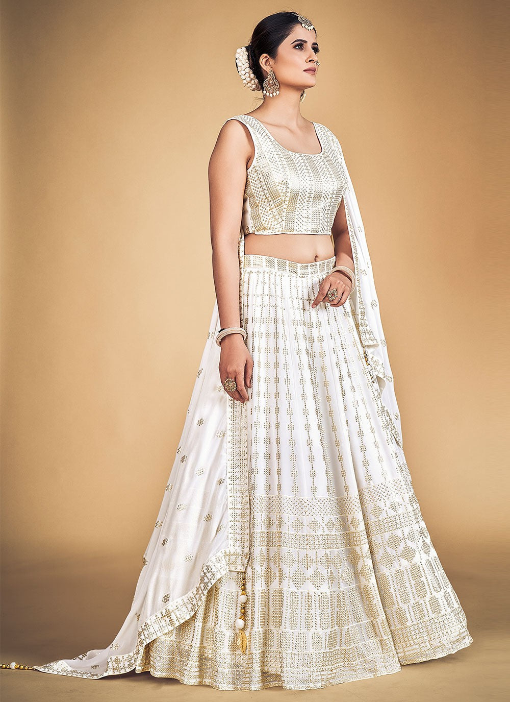 White Pakistani Georgette Lehenga Choli For Indian Festivals & Weddings - Sequence Embroidery Work,