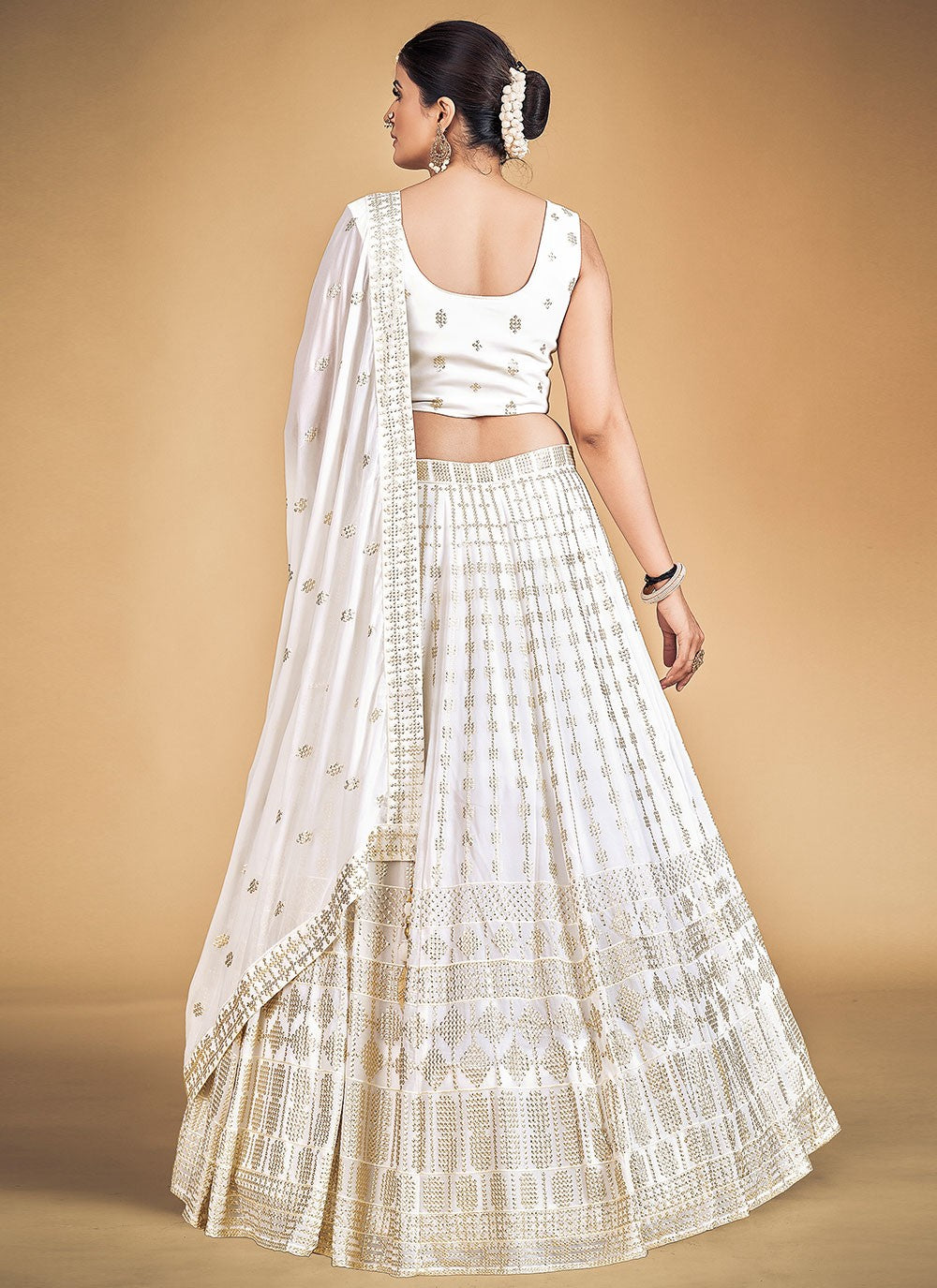 White Pakistani Georgette Lehenga Choli For Indian Festivals & Weddings - Sequence Embroidery Work,