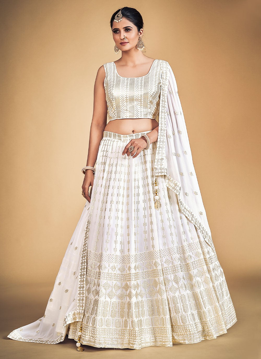 White Pakistani Georgette Lehenga Choli For Indian Festivals & Weddings - Sequence Embroidery Work,