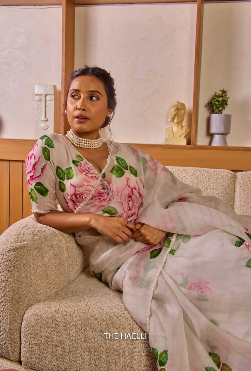 White Pink Rose Floral Organza Saree with Unstitched Blouse