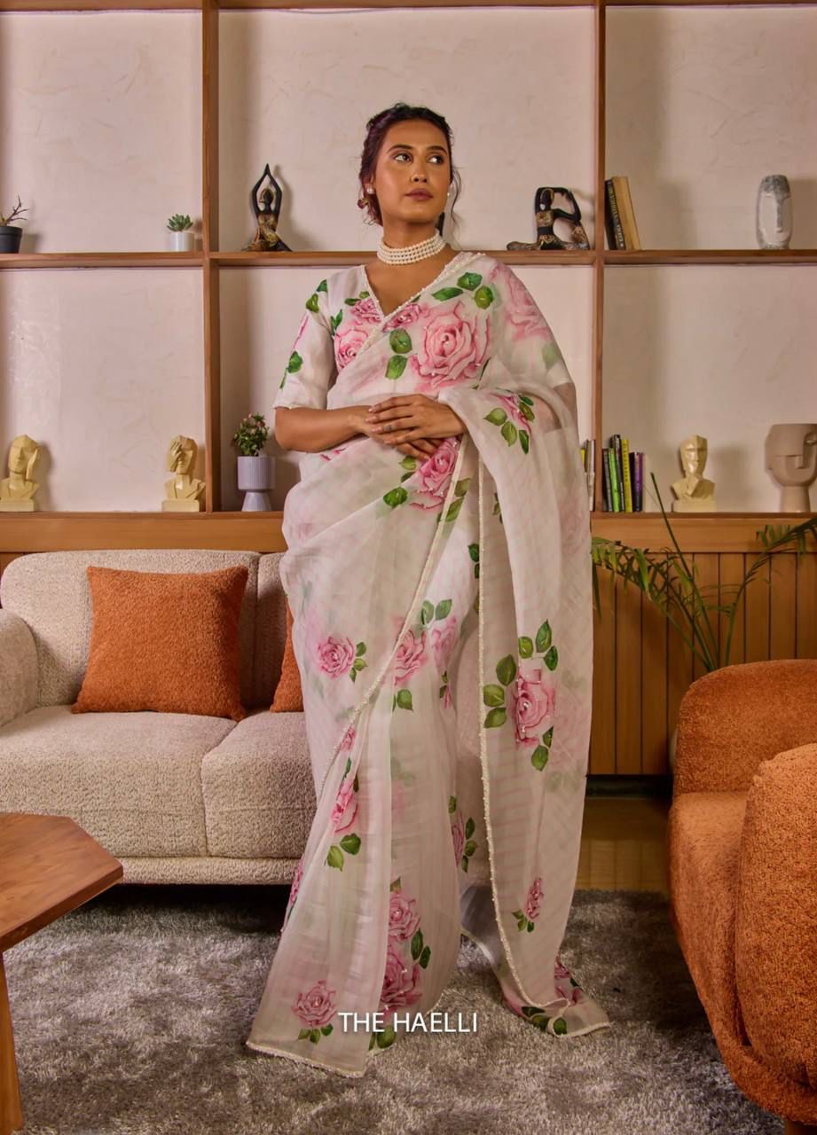 White Pink Rose Floral Organza Saree with Unstitched Blouse