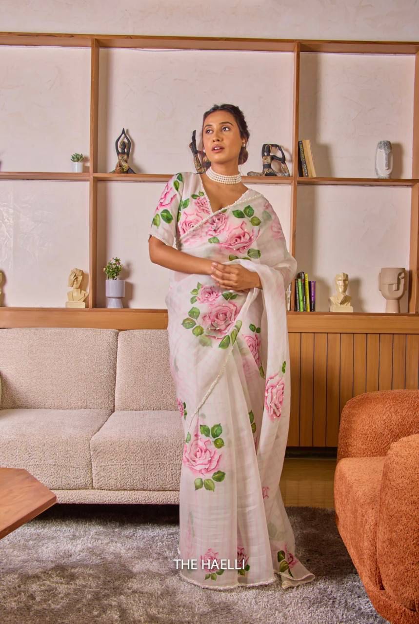 White Pink Rose Floral Organza Saree with Unstitched Blouse