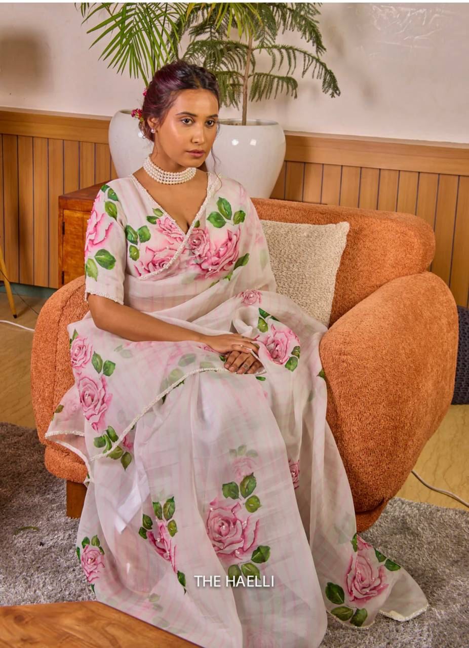 White Pink Rose Floral Organza Saree with Unstitched Blouse