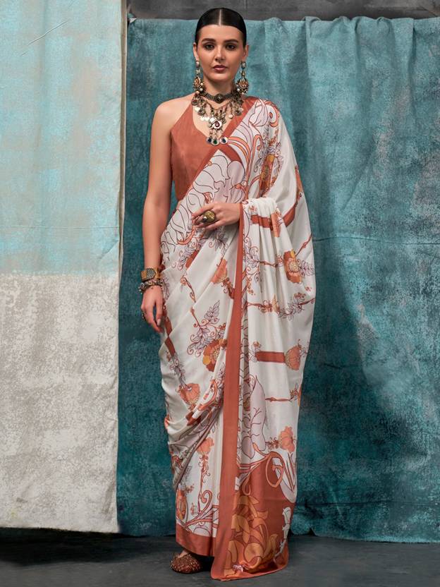 White Printed Chanderi Crepe Saree with Unstitched Blouse